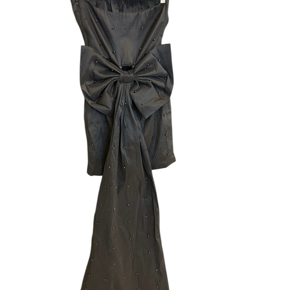 Lucky Brand S NWOT Black Tiered Pleated mini Gown with Maxi bow train beaded - Picture 2 of 16